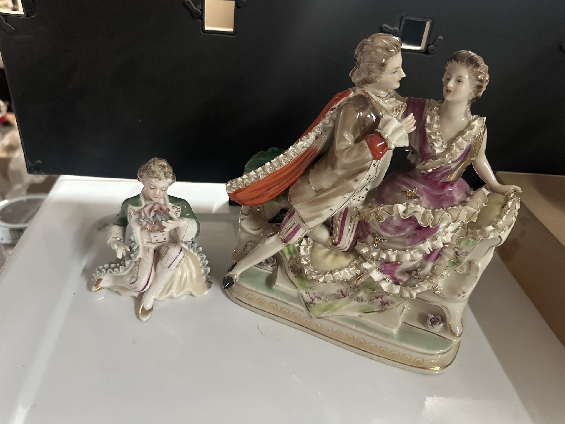 Lot Of Vintage Bone China Lace Victorian Couple Courting Hand Painted