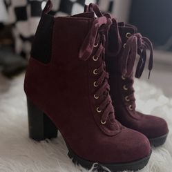 Soda Burgundy Lace Up Chunky Heeled Boots