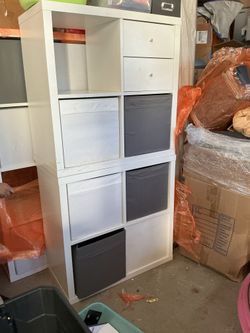 IKEA Kallax 8-Cube Storage Shelving Unit with Fabric Bins & Drawer Inserts