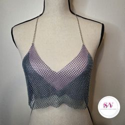 Fishnet Crop Halter Top (Purple And Green)