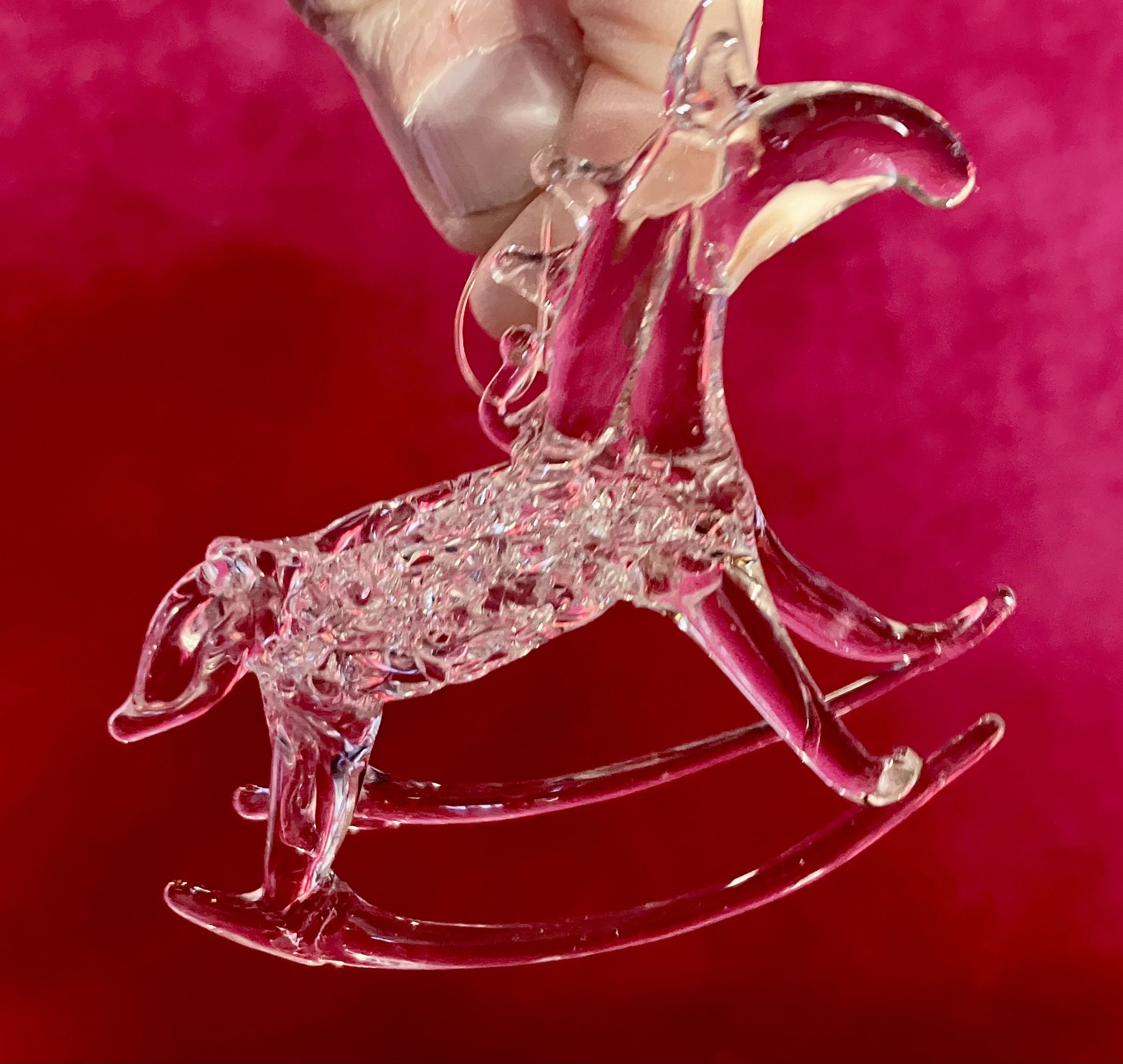 BLOWN GLASS ROCKING HORSE CHRISTMAS ORNAMENT - 3"L - Vintage - More RARE Items here