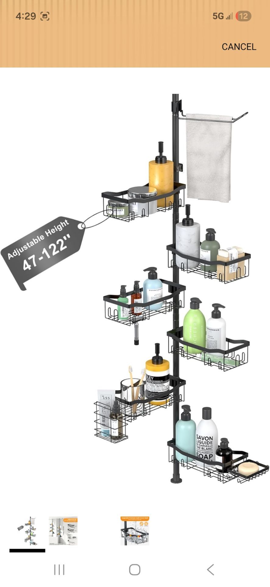 Shower Caddy Corner, 6 Tier Tension Pole Rod Bathroom Organizer Shelves, Adjustable Bathtub Shampoo Stand Rack with Towel Rack 2 Holders for Inside Sh