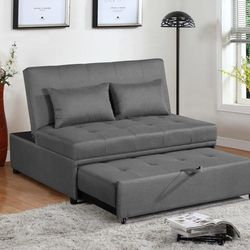 Grey 2-Seat Adjustable Couch Sofa Bed Linen Fabric