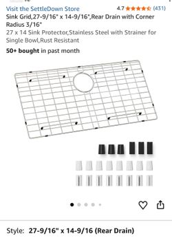 Sink Grid, 27-9/16" × 14-9/16",Rear Drain with Corner Radius 3/16" 27 × 14 Sink Protector, Stainless Steel with Strainer for Single Bowl, Rust Resista