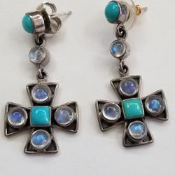 Sterling Silver Earrings With Moonstones And Tourquoise 