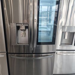 LG refrigerator with glass door, black stainless steel