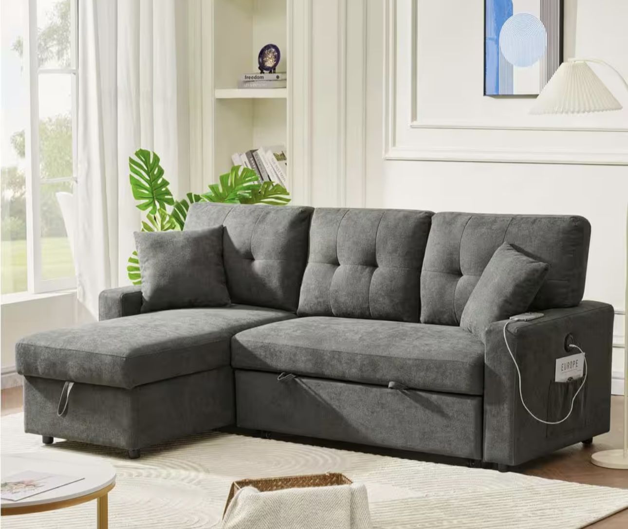 81.5 in. Straight Arm Velvet L-Shaped Sofa Reversible Sofa Bed Sofa Couch Sleeper with USB Port and Storage in Dark Gray