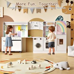 Wooden Corner Play Kitchen Set for Kids, Pretend Large Play Kitchen Features Sink with Running Water, Stove with Light and Sound, Ice Maker & Washer, 