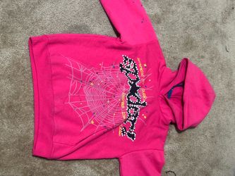 Sp5der Pink Hoodie with Web Graphic