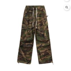 NEW Camo Cargo Pants Straight-Leg Elastic Waist Y2K Streetwear Sz S