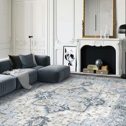 9x12 Area Rugs for Living Room, Machine Washable Non Slip Vintage Retro Rugs, Low Pile Lightweight Chenille Print Rug for Bedroom, Dining Room, Home O