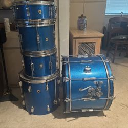 1965 Used Ludwig Vintage Blue Sparkle 5 Piece Drum Set 
