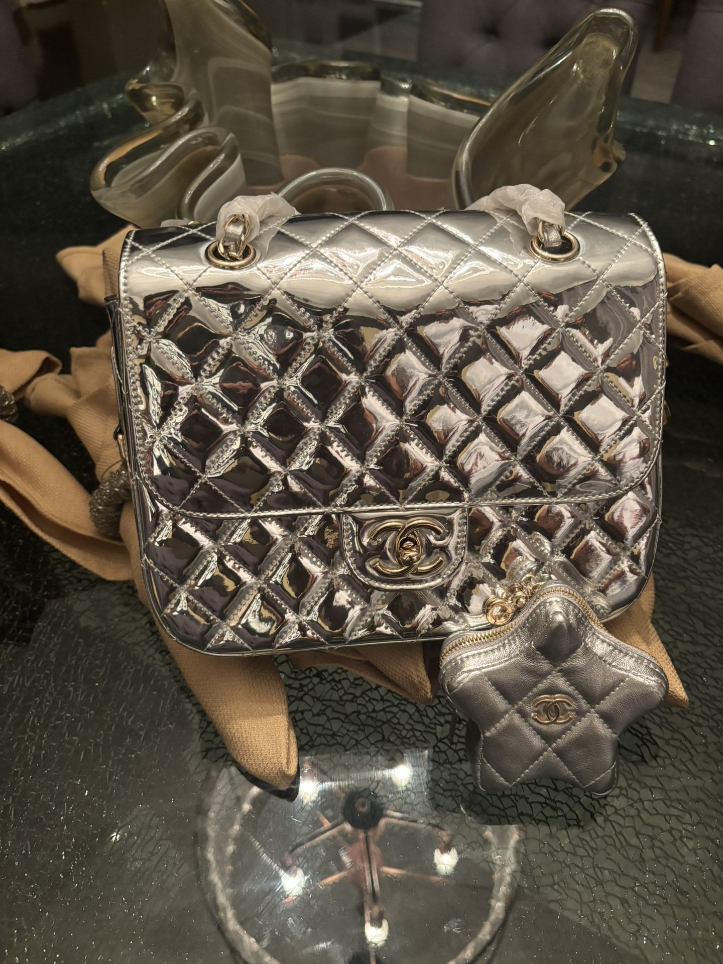 New CHANEL 2024 Cruise Star Pouch Metallic Matelassé Double Shoulder Bag Silver