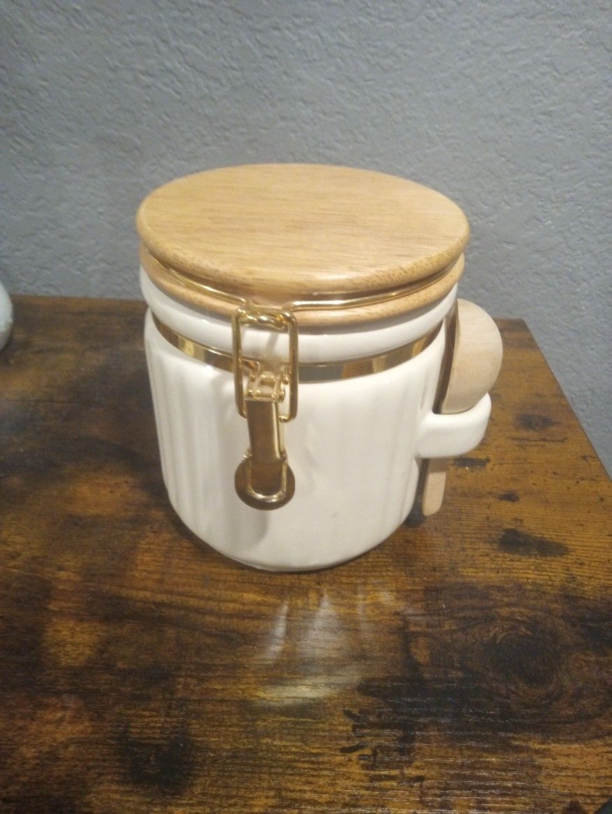 Vintage Ceramic Canister Container Storage Jar With Wooden Lid And Wooden Spoon