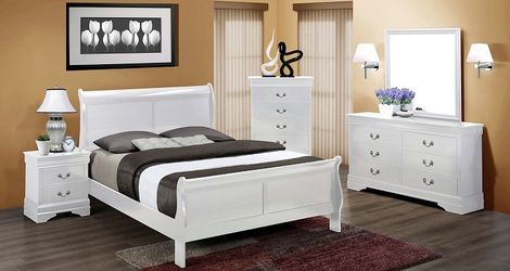 🔥 Brand new white queen bedframe + dresser + mirror + nightstand 4PCs set