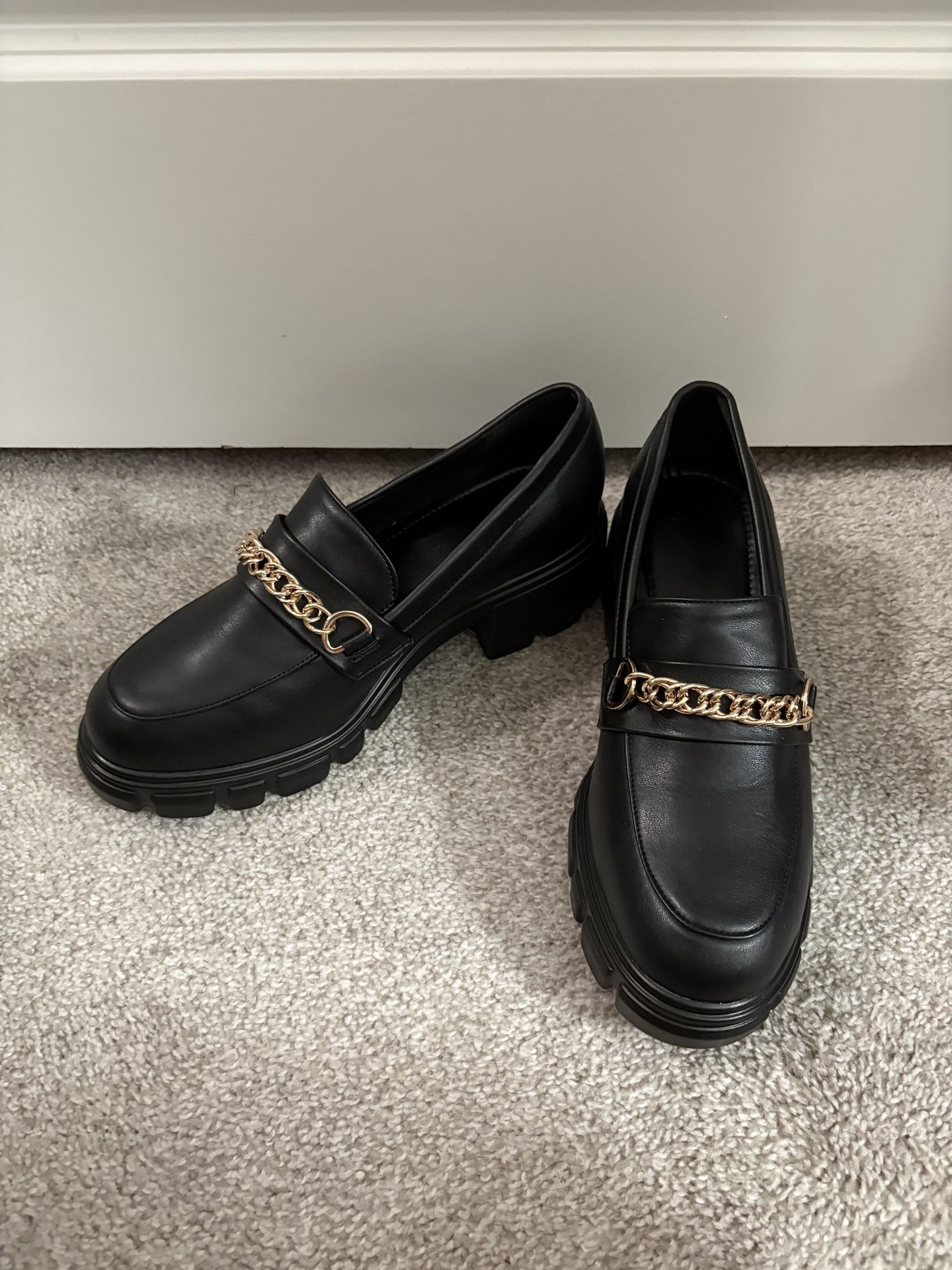 Brand New Black Loafers with Gold Chain Detail