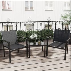 3 Pieces Patio Furniture Set Outdoor Conversation Textilene Fabric Chairs for Lawn, Garden, Balcony, Poolside with A Glass Coffee Table, Black brand n