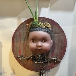 One Of A Kind Re-Imagined Vintage Doll Head Pot With Live Aloe Vera Plant   