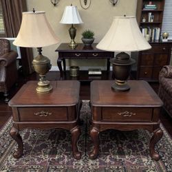 FREE bronze lamps w/purchase of Beautiful high end mahogany wood side / end table w/pullout drawer $45 ea 