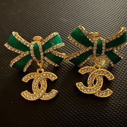 Green Bow Enamel Rhinestone Gold Plated Earrings 