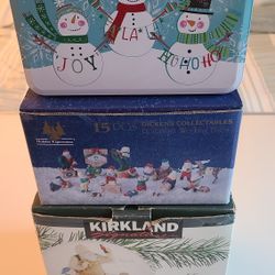 Musical Waterglobe Globe, 15 Piece Dickens Collectables And Snowman Tin