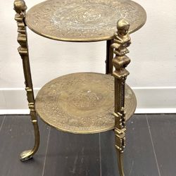 Vtg Art Nouveau Solid Brass 2-Tier Plant Stand Table, Figural Heads Lions Feet