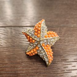 orange beaded rhinestone starfish cocktail stretch ring,