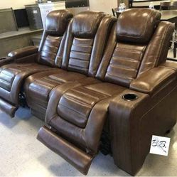 Brand New Home Entertainment 💥 Real Leather Brown Power Recline Sofa Couch With Cup Holders, Adjustable Headrest, USB Charging, Storage Console| 