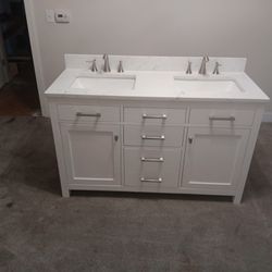 Bathroom Vanity Double Sink 54" Wide 22" Deep 34"Tall Not Including The 4" Marble Backdrop 