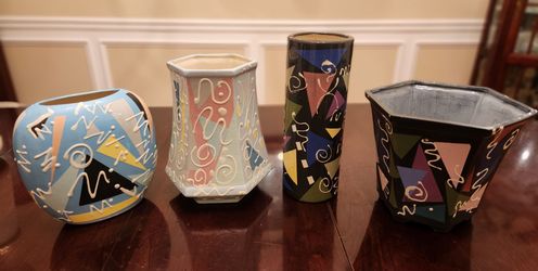 Lot of 4 Vintage Colorful Contemporary Pottery Ceramic Vase Artist Unknown Sign by Artists