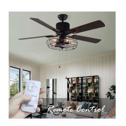 Bella Depot 42-Inch Industrial Ceiling Fan, Black Iron Caged Ceiling Fan with Lights and Remote, Rustic Ceiling Fan with 5 Wooden(F1)
