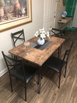 Dining table set with 4 black leather chairs