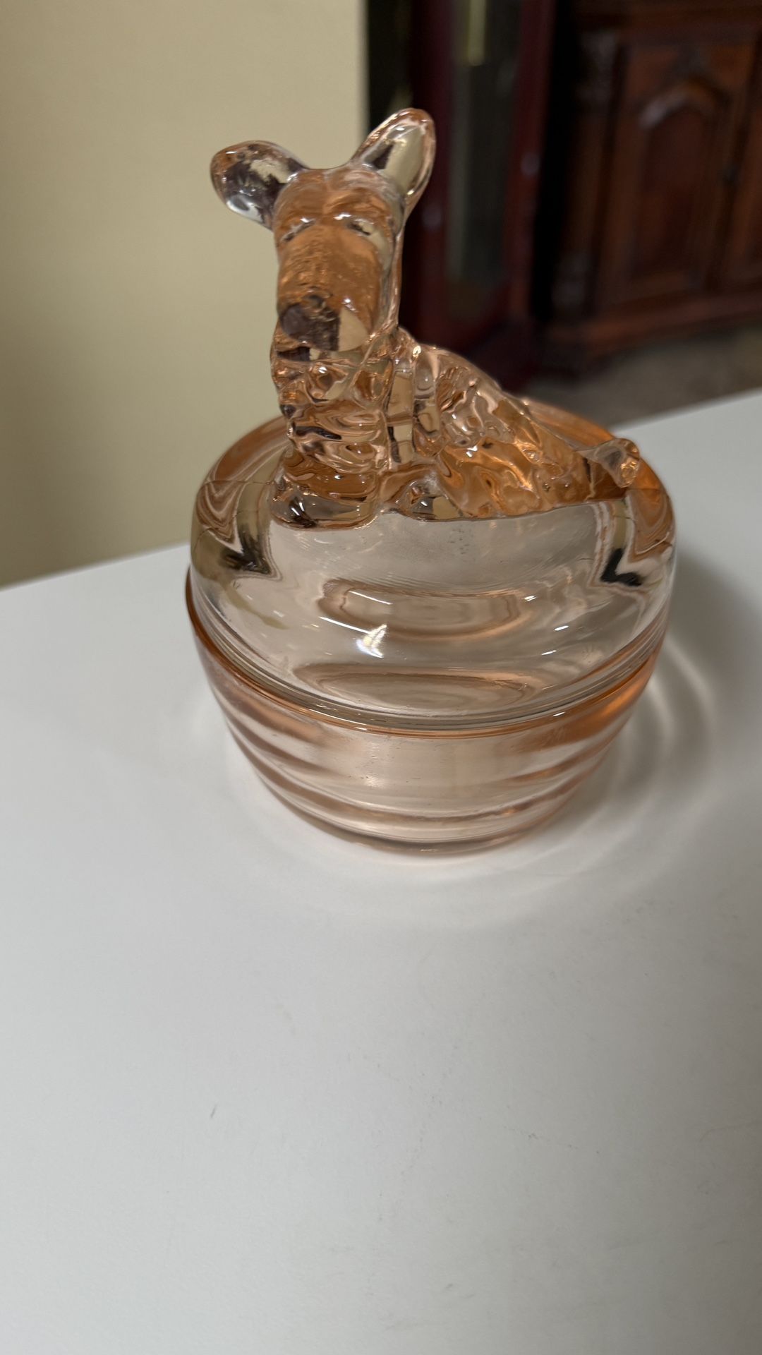 Vintage Pink & Orange Depression Glass Scottie Terrier Dog Trinket Jewelry Jar