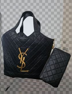 Saint Laurent Icare Quilted Shopper / Tote Bag in black leather with gold-tone hardware and the detachable matching pouch.
