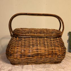 Large Vintage Bamboo and Wicker Picnic Basket