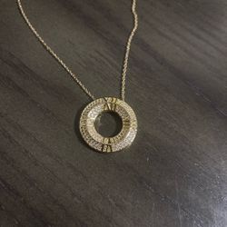 Gold Tone Circle Pendant Necklace with Pavé Stones