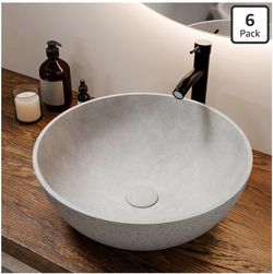 15.7" Round Gray Concrete Vessel Bathroom Sink with Faucet & Drain Modern