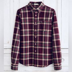 Abercrombie & Fitch Muscle Fit Burgundy Plaid Button Down Shirt Mens Medium 100% Cotton