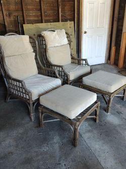 Bamboo PAIR Of Chairs With Ottomans