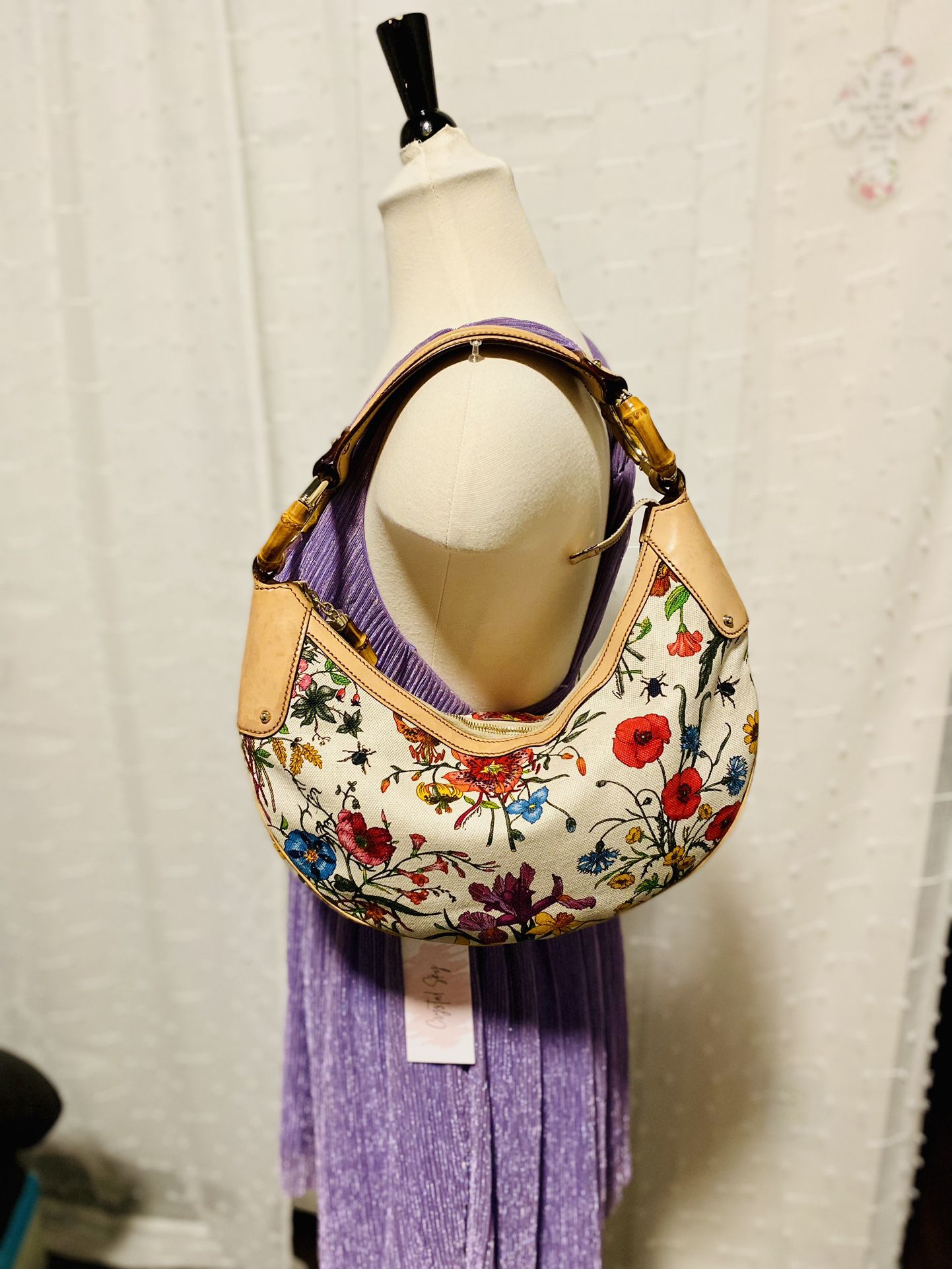 GUCCI Canvas Floral Flora Bamboo Ring Hobo