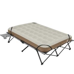 2 Person Camping Cot with Camping Air Mattress & Side Table, Folding Camping Bed for Adults