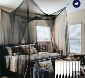 Twinkle Star 4 Corner Post Bed Canopy Mosquito Net Black Canopy Bed Curtains for Full/Queen/King Size Bed Halloween Decoration