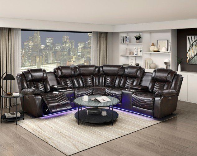 Stylish 3 Pc Brown Power reclining sectional w/LED light & Speakers