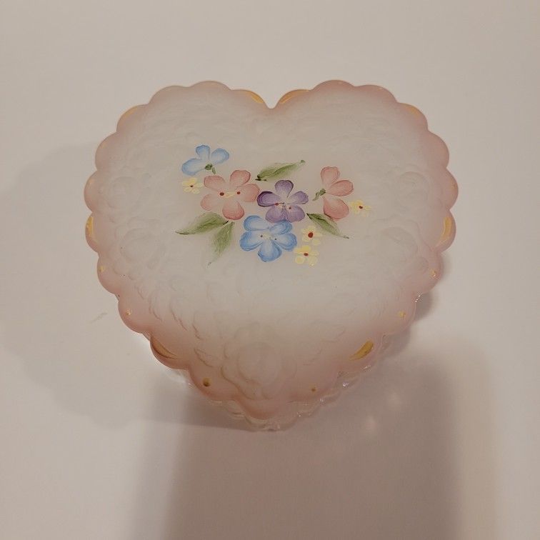 Fenton Glass Opalescent Pink Heart Trinket Dish with Painted Flowers