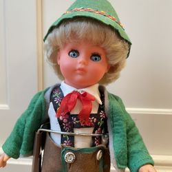 Vintage German Boy 13.5" Doll w/ Hermitage Pottery Adjustable Wooden Stand. Condition is pre owned and is overall in solid and respectable shape. This