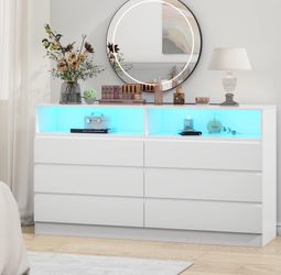Modern White 6-Drawer Storage Dresser with LED Lighting