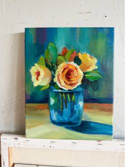 Golden Roses in Blue Jar – Original Oil Painting, 8x10 Canvas