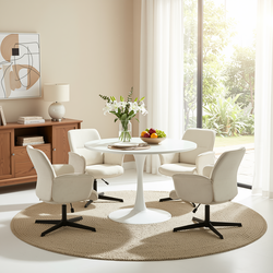 Homy Casa Clift 5PC Dining Set 39.4” Square White Table with 4 Thomasina Beige Chenille Swivel Chairs