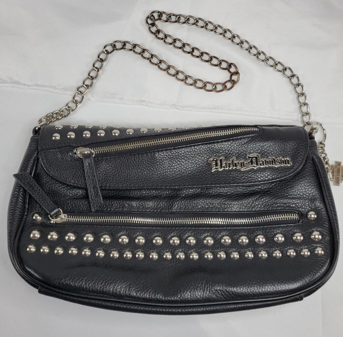 VTG Harley-Davidson Black Studded Leather Shoulder Bag Chain Strap & Skull Charm