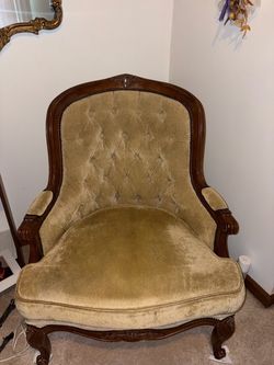 Vintage Carved Wood Tufted Accent Chair
